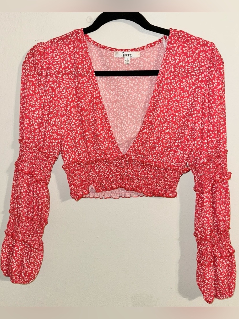 INTO Red Floral Crop Top Long Sleeve